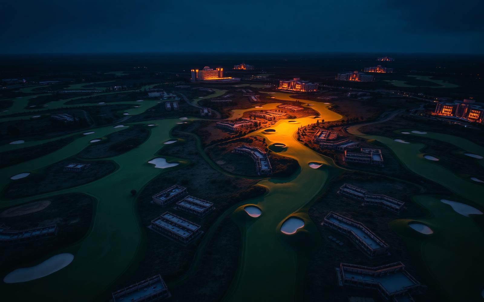 Aerial view of Aurelian's signature back nine at twilight